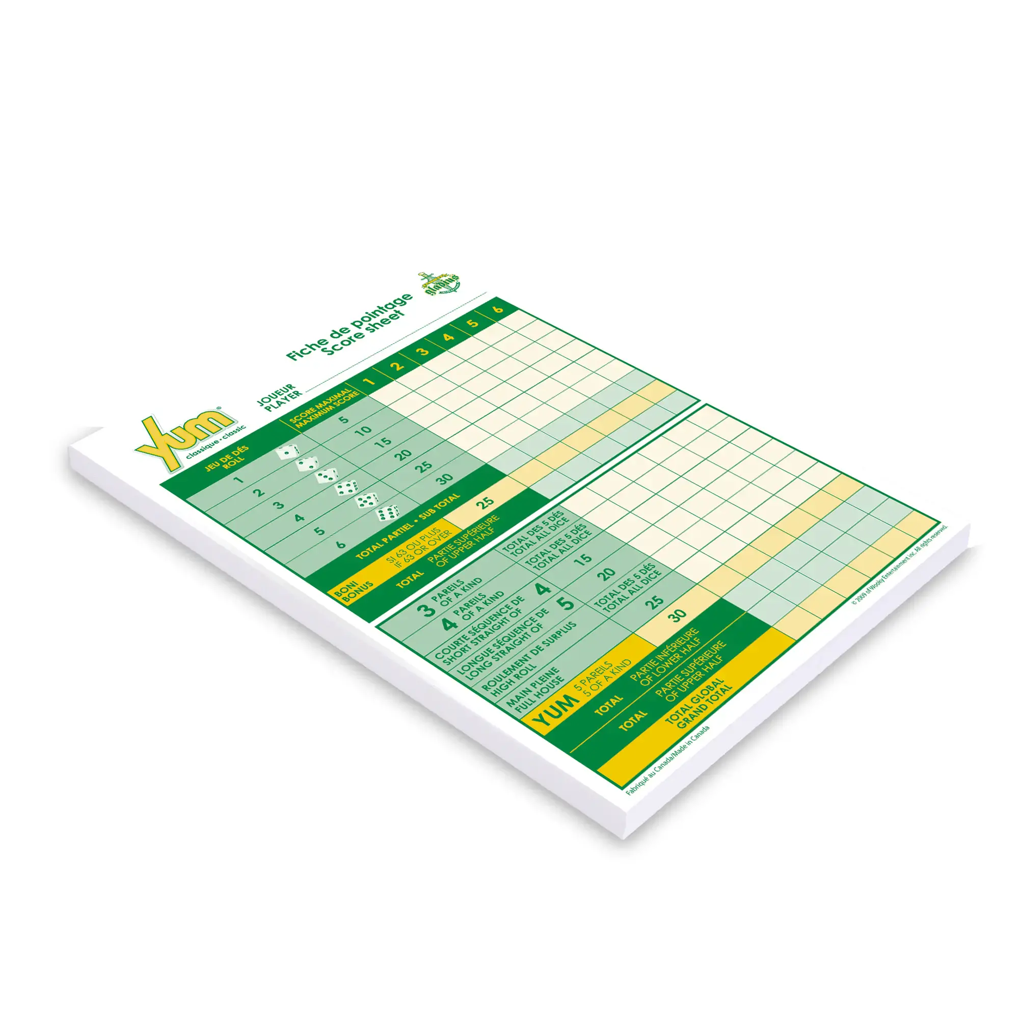 FICHE DE POINTAGE YUM - JEU DE CARTES - GLADIUS